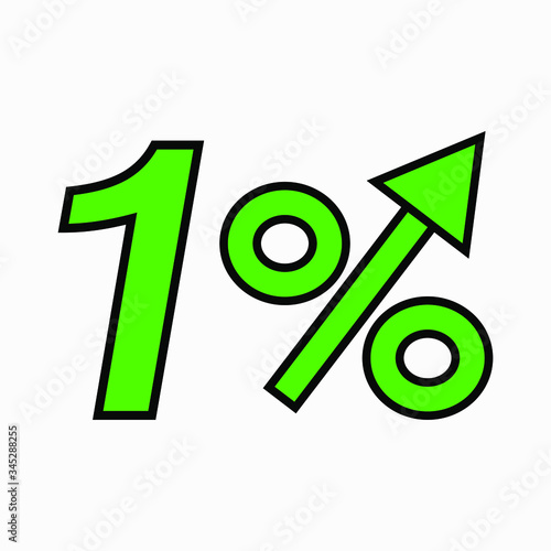 The green figure is 1  percent increase. Price increase icon.  Sales. Profit growth. Increase revolutions. The increase in interest in the bank. Quality improvement. Icon of internet shops.