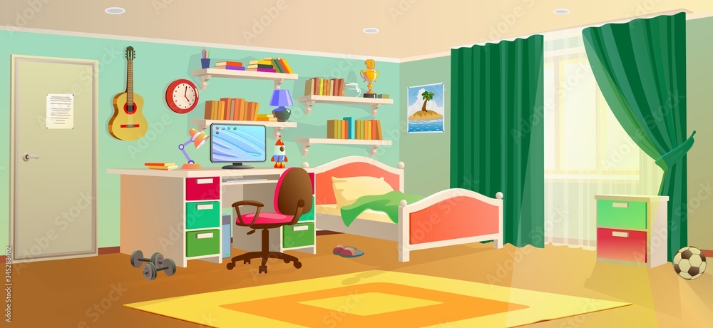 Teenager room interior design with trendy workspace for homework: table, chair, lamp, computer, stationery, books and bunk bed. Flat style vector illustration. Teenager room interior design with trendy workspace for homework: table, chair, lamp, computer, stationery, books and bunk bed. Flat style vector illustration.
