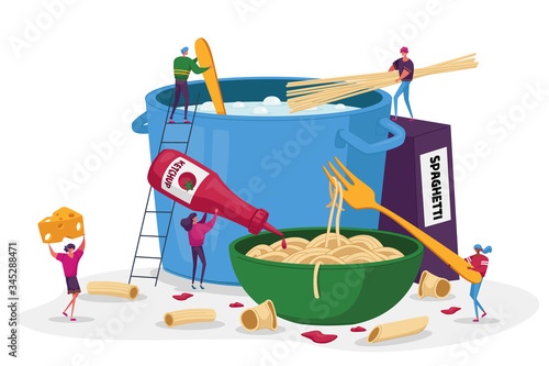 Male and Female Characters Cooking Pasta, Put Spaghetti and Dry Macaroni of Various Kinds in Huge Pan with Boiling Water, Cheese and Ketchup on Plate, Italian Food. Cartoon People Vector Illustration