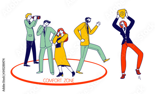 Characters Leaving Comfort Zone Concept. People Stand Inside and Outside of Circle. Success, Career and Business Self Improvement Millennial Lifestyle, Education and Growth. Linear Vector Illustration
