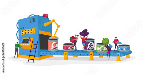 Canning Factory Working Process, Canned Fruits and Vegetables. Tiny Characters Put Fresh Veggies to Tins on Conveyor Belt. Farmers Products Manufacture Industry. Cartoon People Vector Illustration