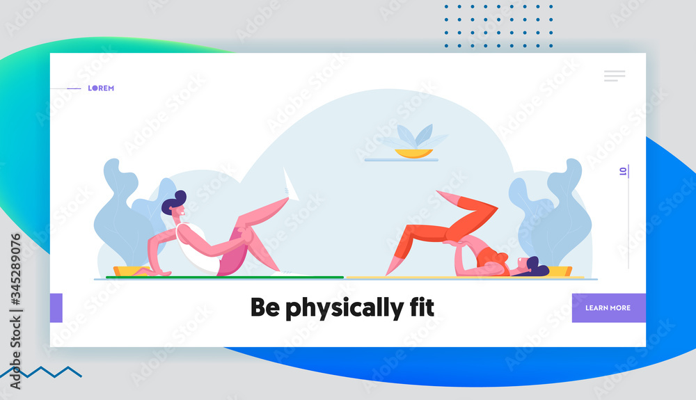 Couple Workout Together in Gym, Healthy Lifestyle Landing Page Template. Young Athlete Man and Woman Characters Doing Fitness or Aerobics Sports Exercise at Home. Cartoon People Vector Illustration