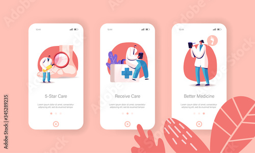 Podiatry Mobile App Page Onboard Screen Template. Tiny Doctor Podiatrist Character Examine Huge Foot, Ankle and Lower Extremity Disease, Health Care Concept. Cartoon People Vector Illustration