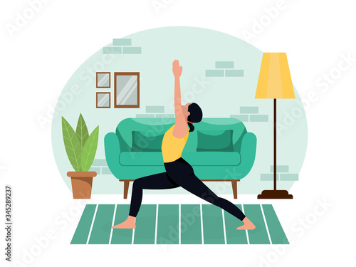 Young beautiful slender girl practices yoga at home in the living room during quarantine. Healthy lifestyle workout slimming relax and relax relaxation. Flat style. Vector stock color illustration.