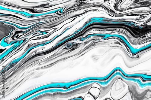 Fluid art texture. Backdrop with abstract swirling paint effect. Liquid acrylic picture that flows and splashes. Mixed paints for interior poster. Black, white and blue overflowing colors © Mirror Flow