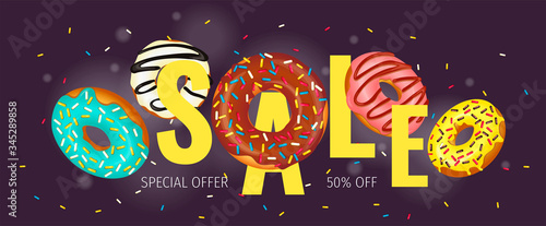 Special offer with flying donuts with various toppings. Donut Shop, Sweet products, Bakery, Confectionery, Dessert concept. Vector illustration for poster, banner, commercial, special offer, sale. 