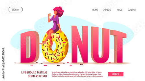 Web page design with woman sitting on the huge donut. Bakery, Donut Shop, Sweet products, Confectionery, Dessert concept. Vector illustration for poster, banner, website, commercial, menu. 