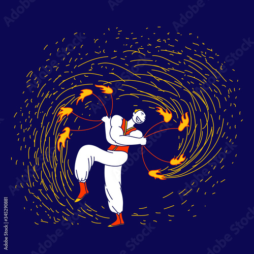 Flame Entertainment, Street Fair, Circus Amusement. Young Man Fakir Character Dancing and Juggling with Fire on Stage Performing Talent Show Program for Judges and Viewers. Linear Vector Illustration photo