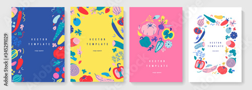 Vegetable frame collection, vertical banners or posters for farmers market or food fair, vector layouts with copy space, set of borders with hand drawn illustrations of organic foods