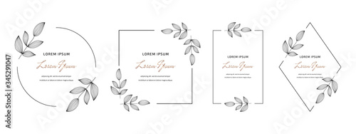 Geometric hand drawn botanical frames with leaves. Modern template for wedding invitation, greeting, banner, flyer, poster, save the date
