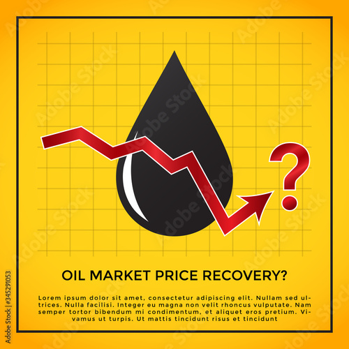 Oil industry crisis recovery concept. Arrow with a downward trend going upwards at the end with a question mark. Oil drop on yellow background. Square format.