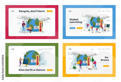 Global Warming Landing Page Template Set. Characters Care of Plants on Earth with Factory Pipes Emitting Smoke. Air Pollution, Co2 Gas Emission, High Temperature. Cartoon People Vector Illustration