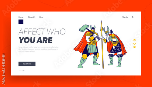 Nordic Mythology Heroes Landing Page Template. Viking Characters Wearing Scandinavian Dressing Holding Hammer and Spear. Male Movie Actors Playing Role in Cinema. Linear People Vector Illustration