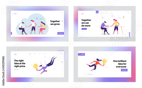 Teamwork, Inspiration Landing Page Template Set. Business People Characters Working in Office, Colleagues Support. Insight and Creative Idea. Muses Flying with Light Bulbs. Cartoon Vector Illustration