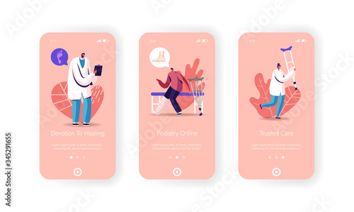 Healthcare Mobile App Page Onboard Screen Template. Tiny Man Character with Leg Fracture Stand on Crutches Visit Orthopedy or Podiatry Clinic with Doctor Concept. Cartoon People Vector Illustration