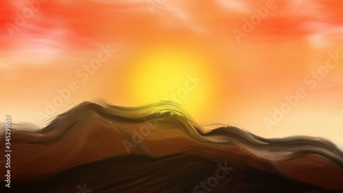 Landscape painting, sunset over the mountains