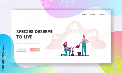 Happy People Gardening, Planting and Watering Plants Landing Page Template. Characters Caring of Flowers and Herbs on Earth. Biodiversity, Horticulture and Olericulture. Cartoon Vector Illustration