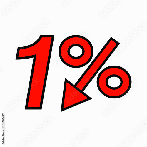 The 1 percent reduction icon is red.  Price drop. Interest rate reduction.  Stock symbol. Discount. Markdown of goods. Bonus discount. Vector icon.