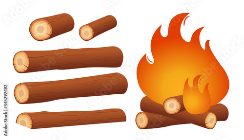 Wood material, vector set of wood logs, planks and bonfire isolated on white
