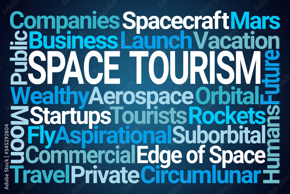 Space Tourism Word Cloud on Blue Background