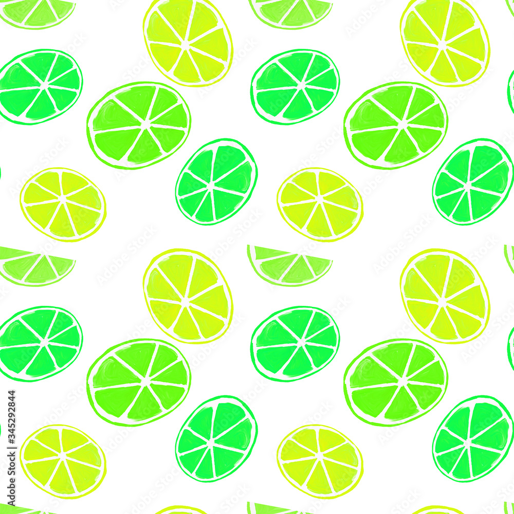 Gouache citrus seamless pattern. Hand painted fresh ripe summer lemon fruits on white background. Oranges, limes and lemons slices, isolated. Colorful healthy food art print