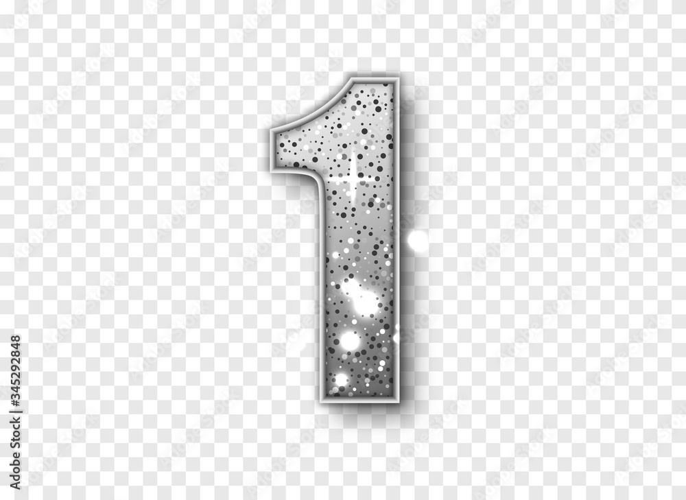 Silver Glitter number one. Vector realistick shining silver number 1 of