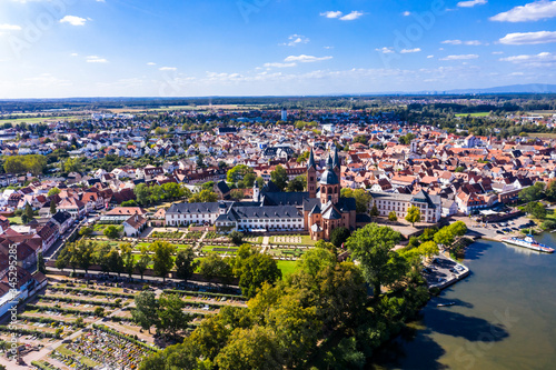Aerial view  Convent garden with St. Marcellinus and Petrus basilica, former Benedictine abbey Seligenstadt, Hesse, Germany, © David Brown