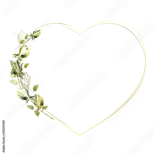 Floral gold frame in the shape of a heart. Vector vintage illustration with hand-drawn roses on a white background. Use for decoration greeting cards, invitations, etc.