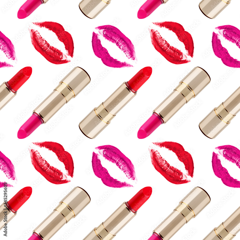 Obraz premium Seamless pattern red kiss print and golden lipstick on white background isolated, open lipsticks and sexy pink lips makeup stamp repeating ornament, cosmetic wallpaper, beauty backdrop, fashion banner