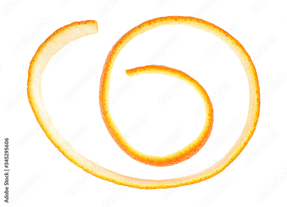 Single orange peel on a white background, top view. Twisted orange skin. Single orange peel on a white background, top view. Twisted orange skin.