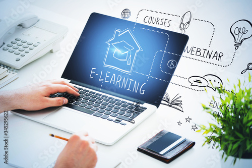 Plakat Man with laptop writing, e learning sketch