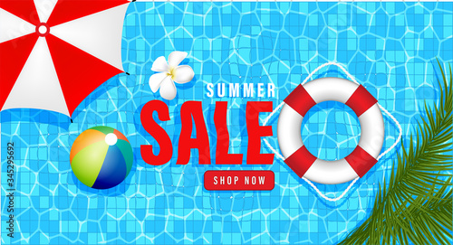 Summer sale text and beach holidays elements promotion  shopping,Summer promo web banner template background vector 3D style