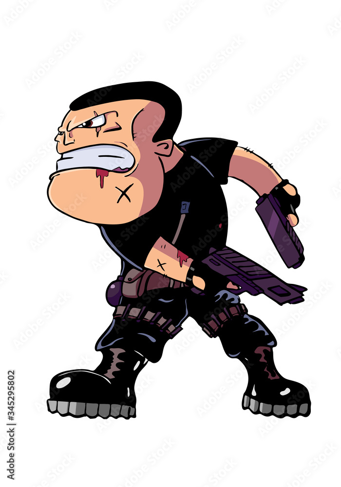 cartoon character. angry killer soldier with guns. vector illustration