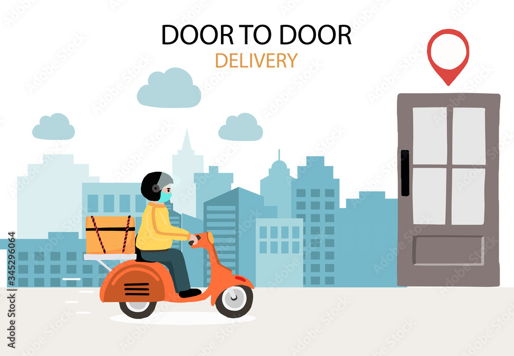 Online delivery contactless service to home,office by bicycle. delivery man is wearing mark to prevent coronavirus
