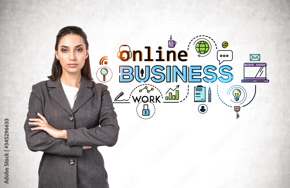 Confident young woman, online business icons Confident young woman, online business icons