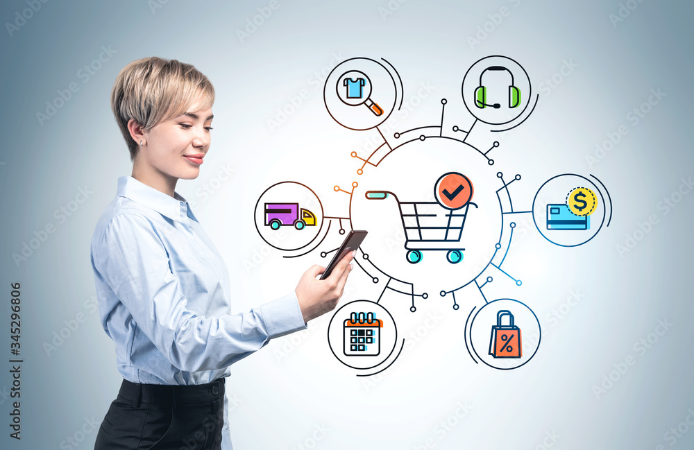 Asian woman with phone, online shopping cart Asian woman with phone, online shopping cart