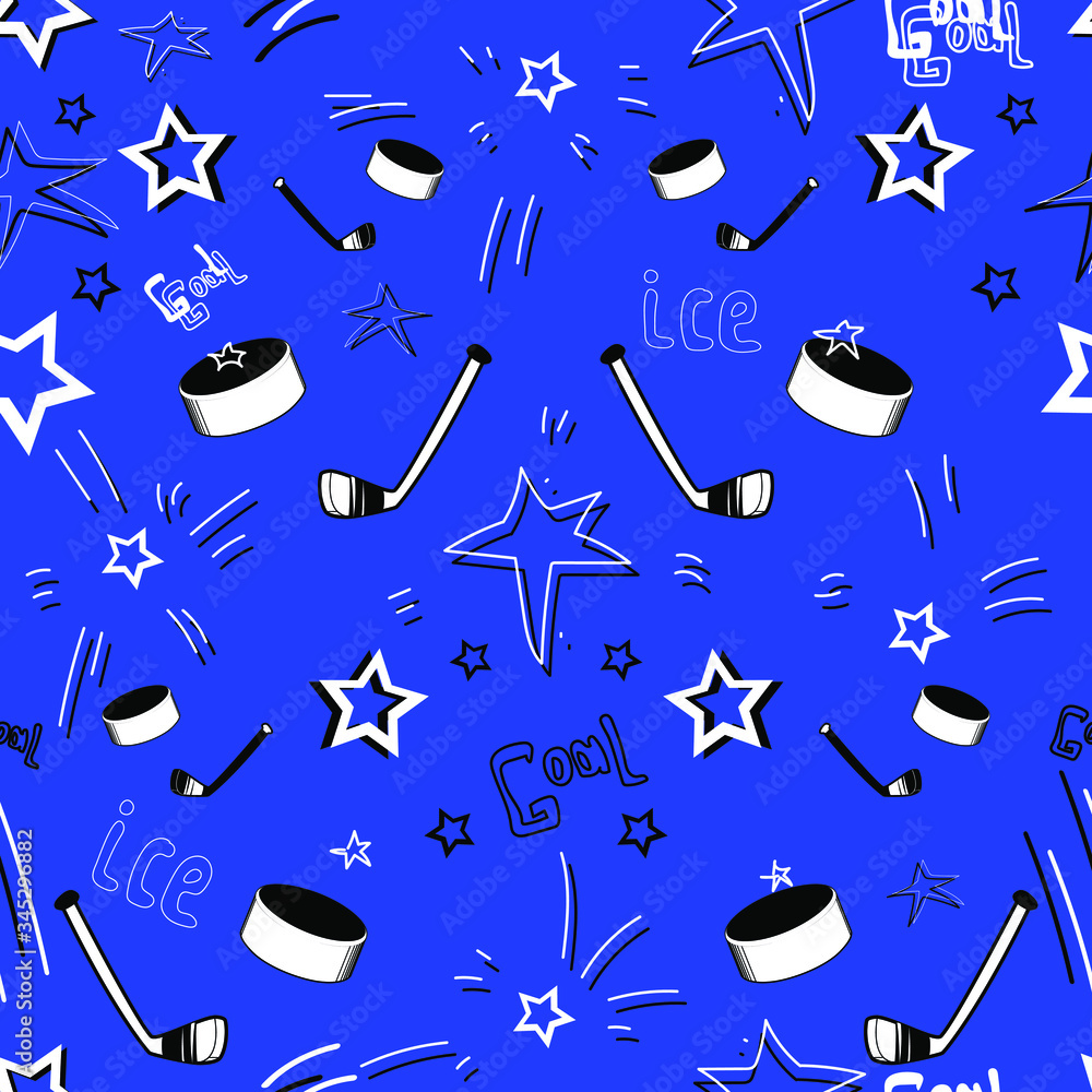 Seamless pattern on a blue background. Vector elements of a hockey
