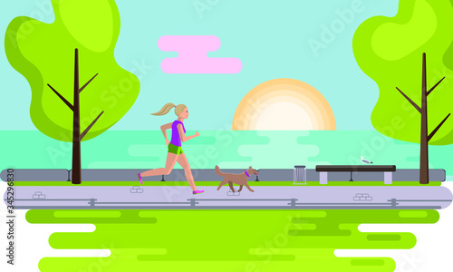 A girl runs with a dog along the embankment on a Sunny morning. Sport activities in nature. Vector illustration in flat style.