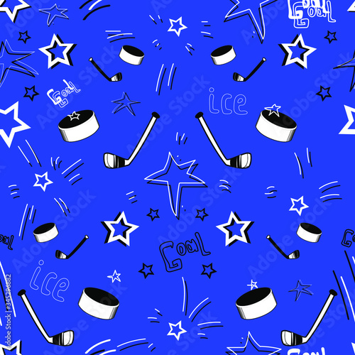 Seamless pattern on a blue background. Vector elements of a hockey stick, hockey puck and stars. Use for print, fabric, wallpaper, background.