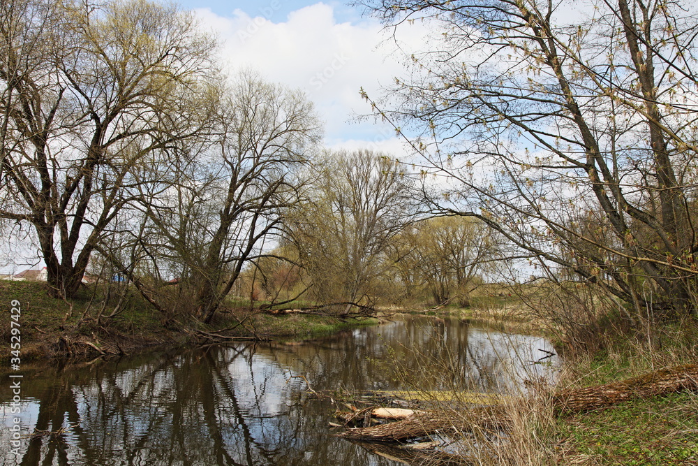 Beautiful little forest river with bare trees on shores and reflection in calm water on blue sky background at spring day, scenery nature landscape Beautiful little forest river with bare trees on shores and reflection in calm water on blue sky background at spring day, scenery nature landscape
