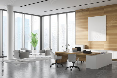 White and wood CEO office corner lounge and poster photo