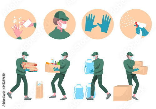 Safe delivery and courier service concept during a Coronavirus (COVID-19).Courier in protective mask and gloves holding box, bottle of water, pizza, food. Protective  measures for delivery
