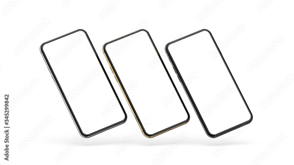 Gold, silver, green and black smartphones with blank screen, isolated on gray background. Template, mockup. Gold, silver, green and black smartphones with blank screen, isolated on gray background. Template, mockup.