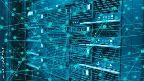 Modernization Data center technology a lot of server storage power cable and switch use connecting internet and store data.
