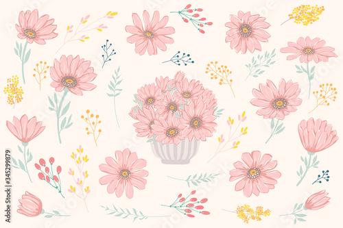 Vector illustration of petal and flowers. Beautiful set for vintage template invitation  decoration and cards.