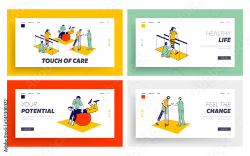 Disabled Physiotherapy, Rehabilitation Landing Page Template Set. Characters Get Adaptive Physical Education, Correction Lost Physical Abilities with Therapist Help . Linear People Vector Illustration