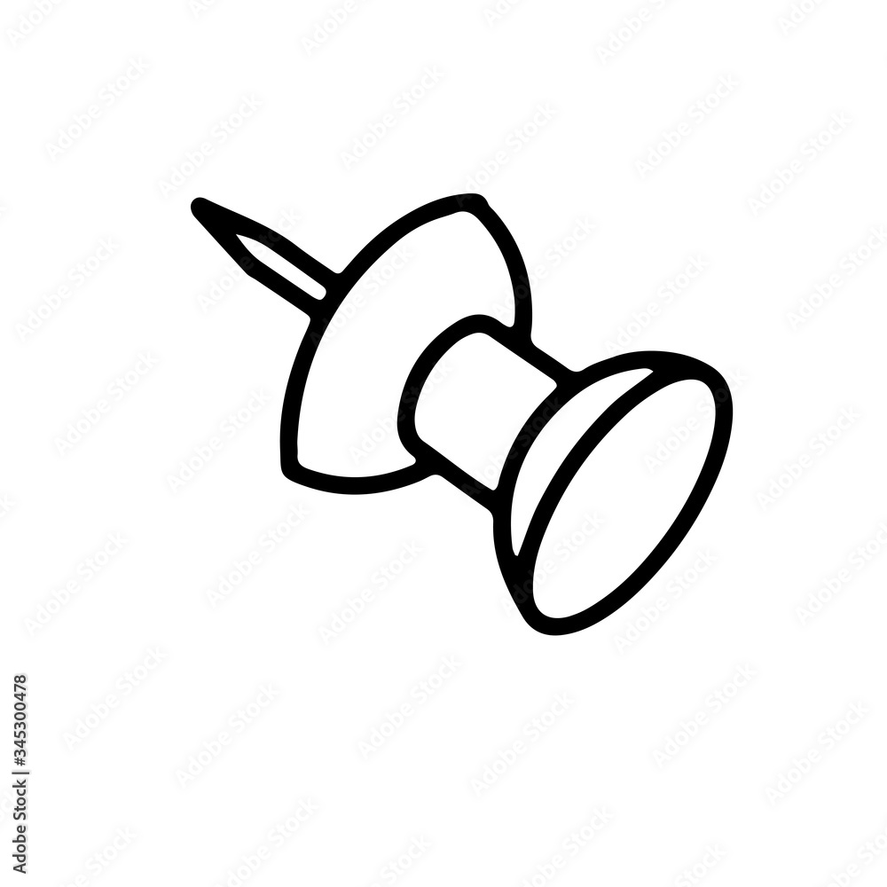 Pushpin on an isolated white background. Black hand draw outline. Back to school, office. Vector illustration.