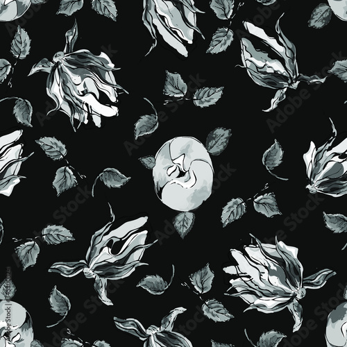 Seamless pattern. Elegant roses, leaves. Vectorblack and white illustration on a black background. Use for printing wallpapers, backgrounds, fabrics, packaging, postcards. photo