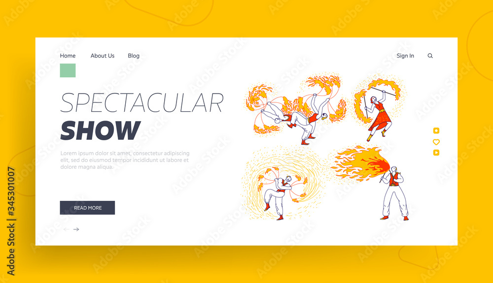 Entertainment with Flame, Performance Landing Page Template. Characters Dancing and Juggling with Fire on Stage Performing Talent Show Program for Judges and Viewers. Linear People Vector Illustration