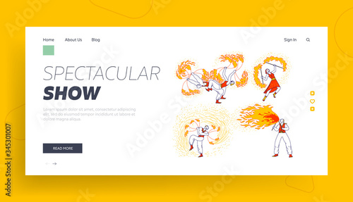 Entertainment with Flame, Performance Landing Page Template. Characters Dancing and Juggling with Fire on Stage Performing Talent Show Program for Judges and Viewers. Linear People Vector Illustration